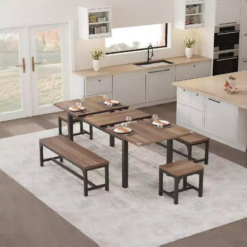 5-teiliges Esszimmer-Set für 4-6 Personen, großer ausziehbarer Esstisch mit 63, Bänken und Hockern