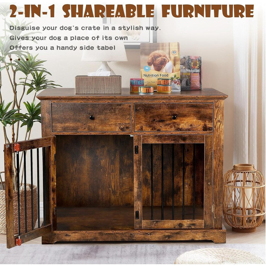 Cuccia per cani BOSSIN da 44 pollici, mobile in legno con tavolino laterale e cassetti contenitori, cuccia decorativa per animali domestici