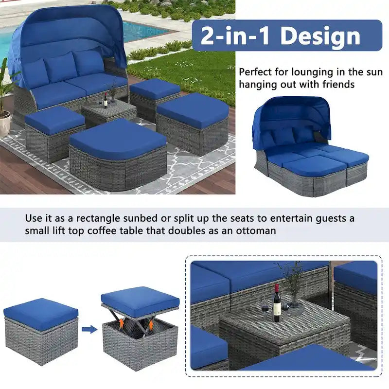 Graues Outdoor-Daybed aus Rattan mit Kissen und ausziehbarem Sonnendach