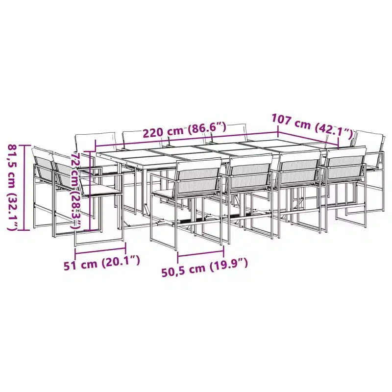 vidaXL Gartensitzgruppe mit Kissen, 13-teilig, schwarzes Textilene - platzsparendes Design mit Klappstühlen, UV-beständig, Tisch aus gehärtetem Glas