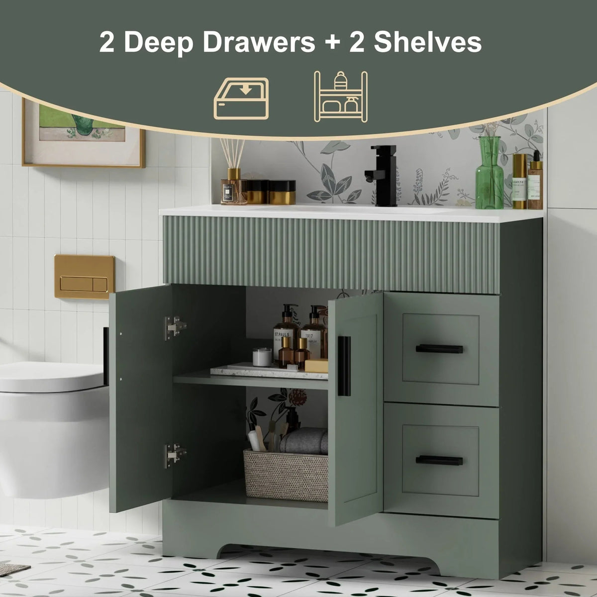 Ensemble meuble-lavabo de salle de bain Wavy Line 30/36/48 avec lavabo et robinet