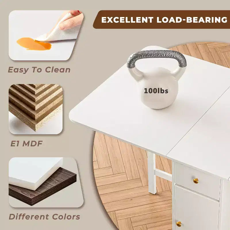 ATJafurn opklapbare eettafel van 59 inch met neerklapbare bladen voor kleine ruimtes, rechthoekige uitschuifbare houten keukentafel met wielen en opbergruimte