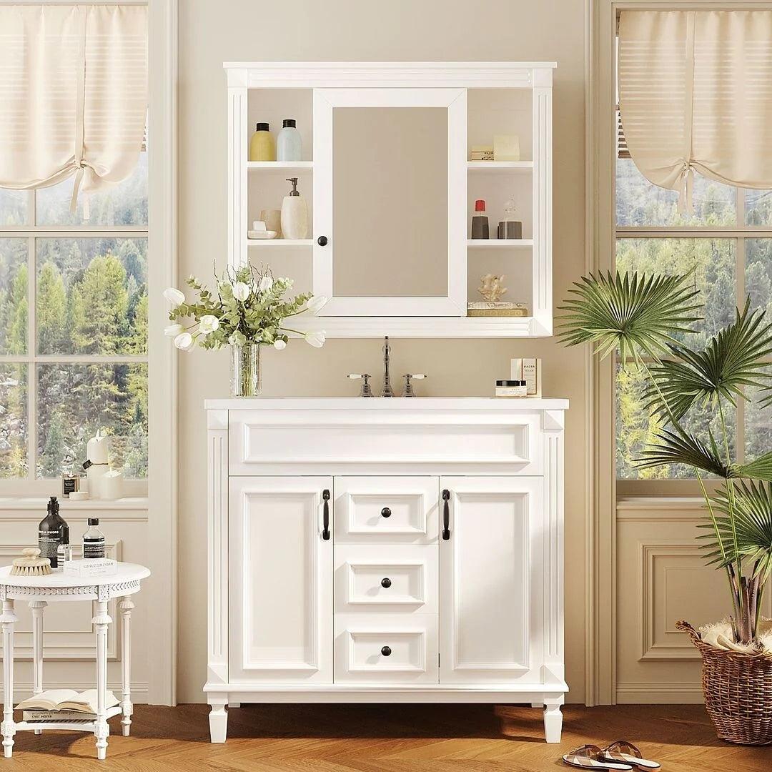 Mobile bagno moderno da 36 con lavabo integrato e specchiera, 2 ante e 2 cassetti
