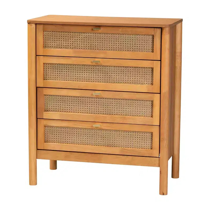 Baxton Studio Jenn Japandi-slaapkamersset van 5 delen in goudbruin hout, queensize, met rotan met verweerde afwerking