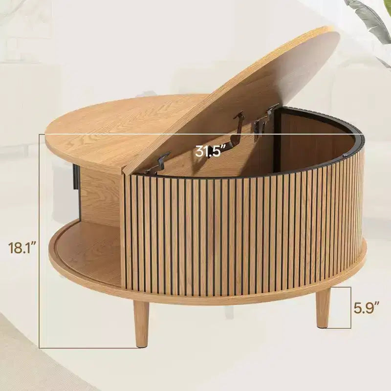 NAYSAYE ronde salontafel met opbergruimte, geribbelde middentafel van 31.5 voor de woonkamer, moderne ronde bijzettafel van walnotenhout voor kleine ruimtes
