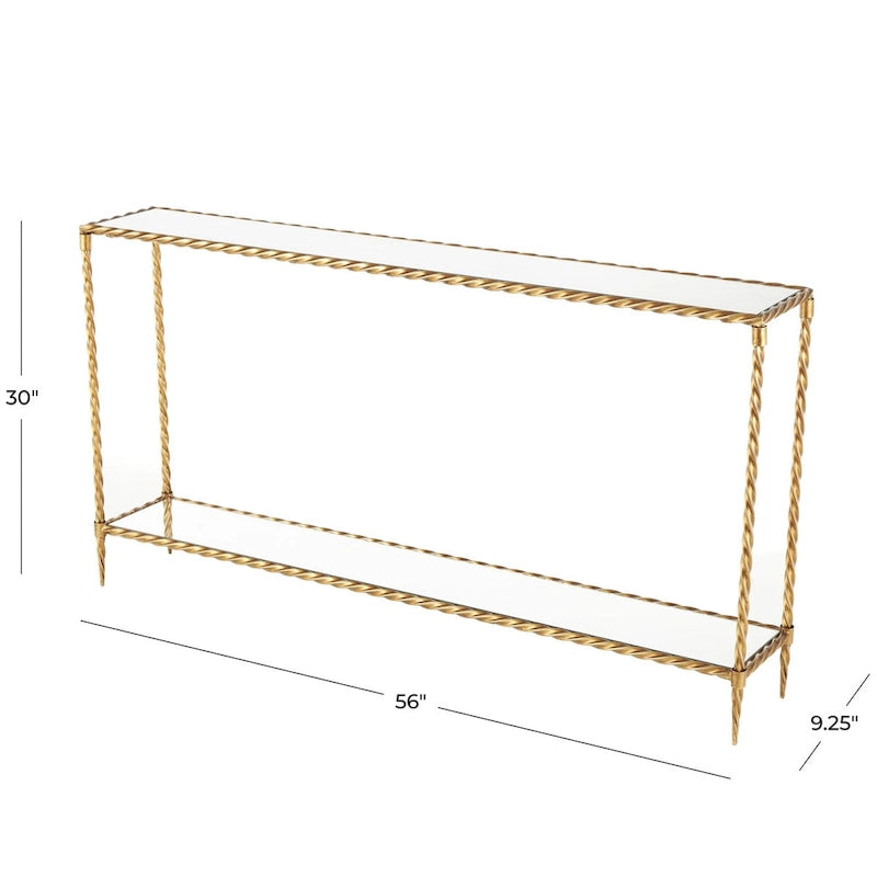 Konsolentisch mit 1 Ablage, inspiriert von gedrehtem Metallseil, mit verspiegelter Glasplatte und Ablage - Gold - Roche River Decor