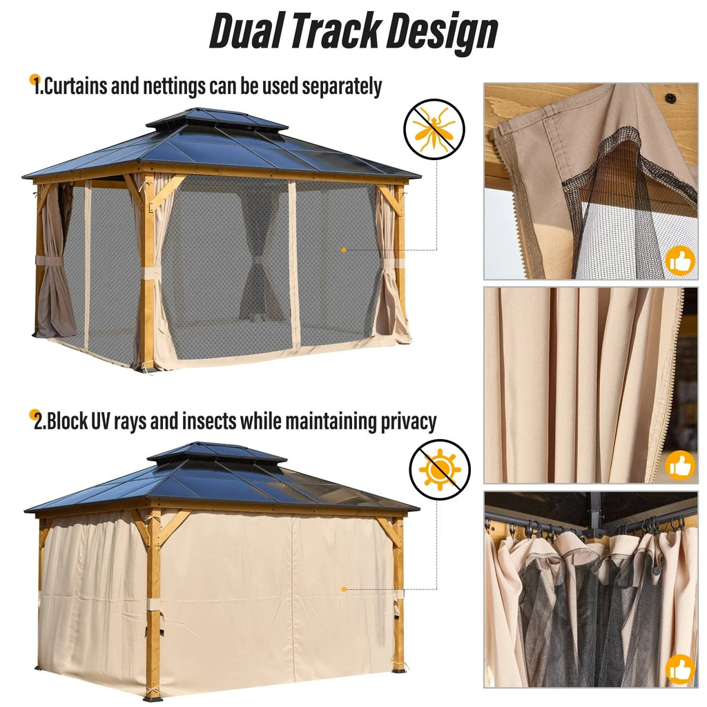 EROMMY hardtop-paviljoen, pergola voor buiten met dubbel dak, netten en gordijnen, extra stevig zonnescherm voor terras, achtertuin en zwembadfeest