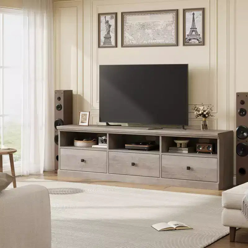 Mobile porta TV in stile modernista di metà secolo da 70 con cassetto contenitore e ripiani aperti