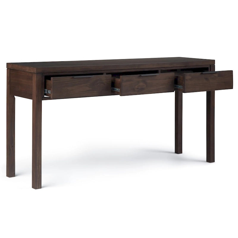 150 cm breed massiefhouten consoletafel in eigentijdse stijl met 3 laden, in warm walnootbruin