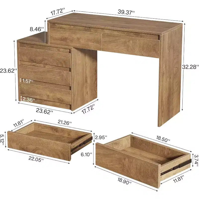 Scrivania per computer Lantine con 5 cassetti, scrivania direzionale in legno con schedario e supporto per stampante, per ufficio domestico e piccoli spazi