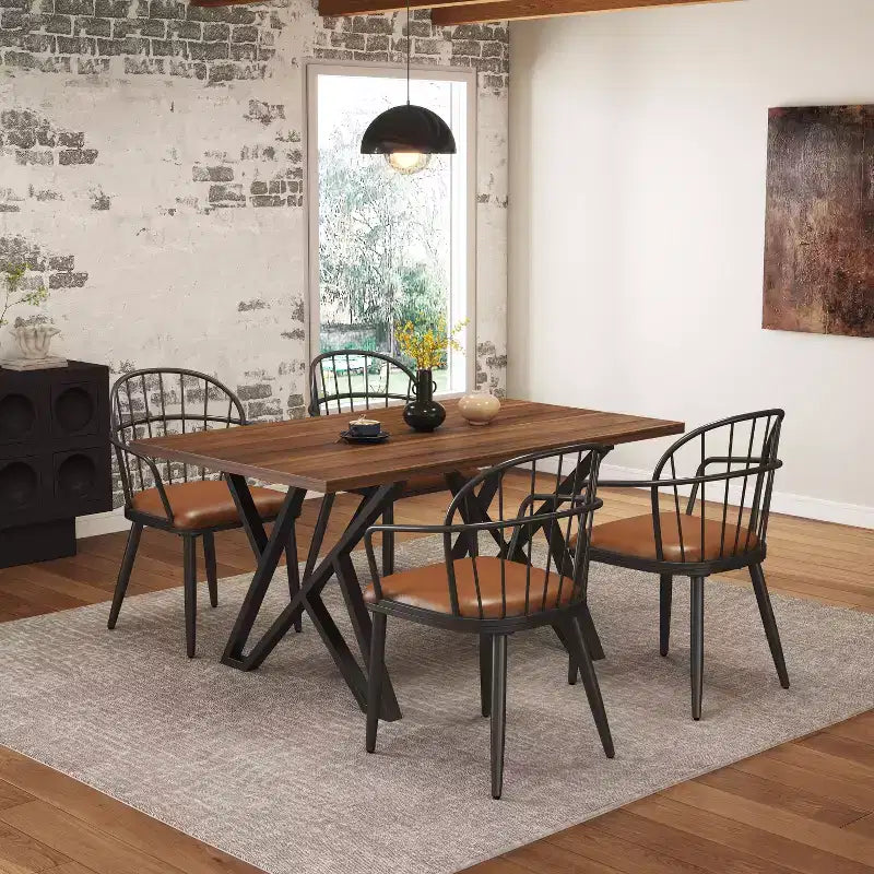 5-teiliges Esszimmer-Set mit 4 Esszimmerstühlen und rundem/quadratischem Tisch, Schwarz+Natur/Walnuss-ModernLuxe