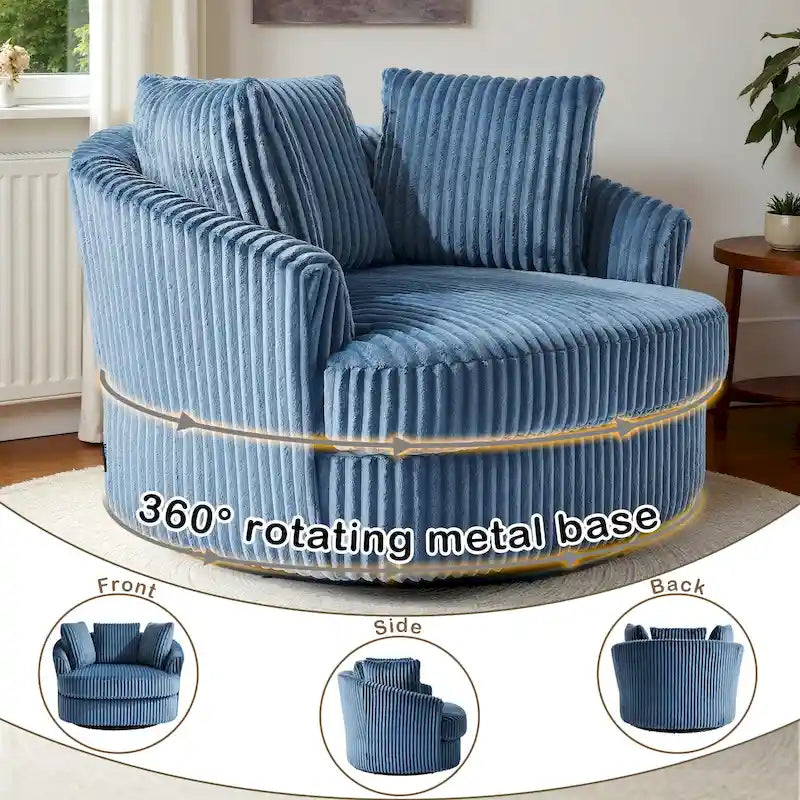Fauteuil tonneau pivotant surdimensionné en velours côtelé moelleux, accoudoirs rentrés, 43 W