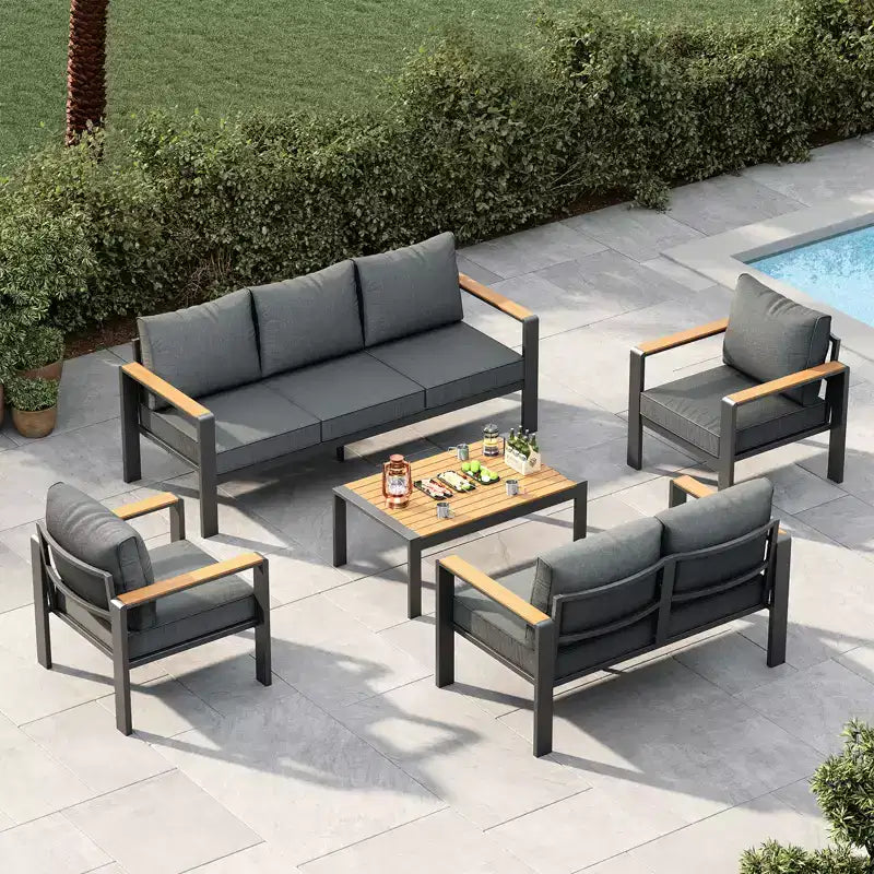 Set di mobili da patio in alluminio, divano componibile da esterno con 5 cuscini spessi, 4 braccioli e tavolino da caffè per giardino, terrazza e cortile