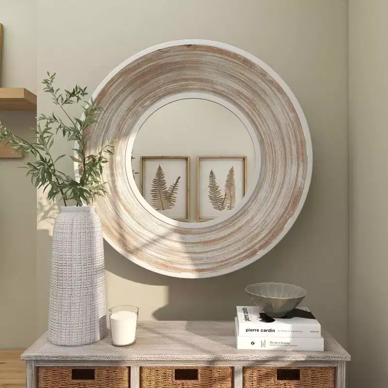 Specchio da parete in legno 35x35 con finitura effetto bianco decapato color crema - Olivia & May: nessun montaggio richiesto, cornice in MDF, per interni
