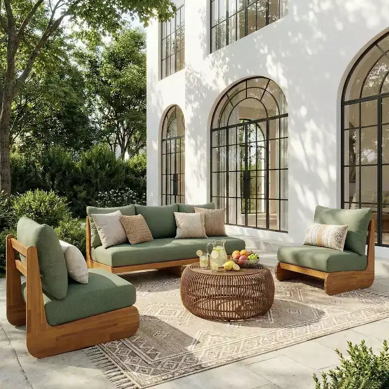 Christopher Knight Home Tavriel moderne Sitzgruppe im Mid-Century-Stil für die Terrasse aus Akazienholz mit 5 Sitzplätzen und dicken Kissen, Tisch nicht enthalten
