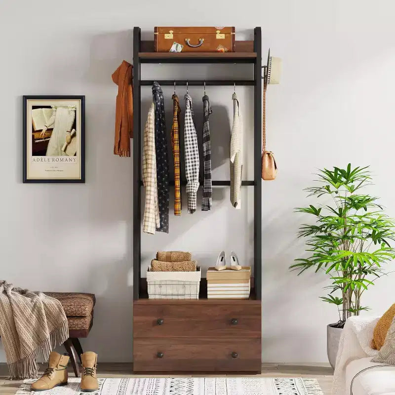 Lantine vrijstaande kledingkastorganizer, klein kledingrek met laden en planken, stevig kledingrek voor hal, entree en slaapkamer