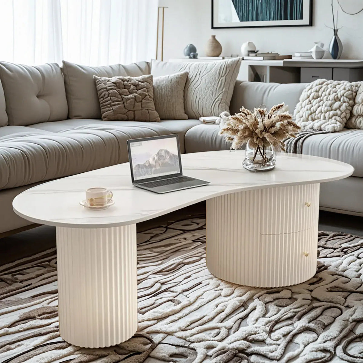 Minimalistische standaard witte ovale salontafel met 2 laden
