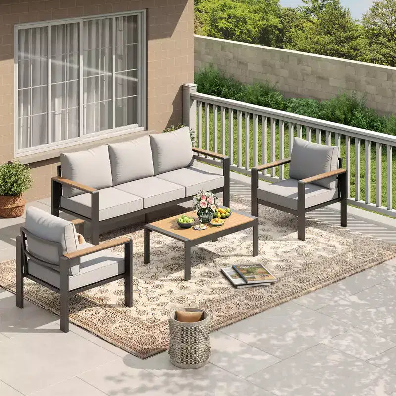 Ensemble de mobilier de patio en aluminium, canapé d’angle d’extérieur avec 5 coussins épais, 4 accoudoirs et table basse pour le jardin, la terrasse ou la cour
