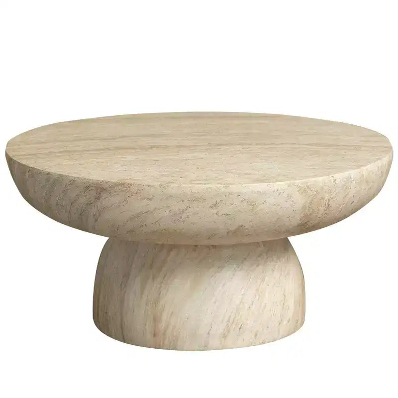LeisureMod Lunexa runder Couchtisch, Akzenttisch mit Sockel aus Fiberstone für drinnen und draußen, skulpturales Design mit rutschfesten Fußgleitern
