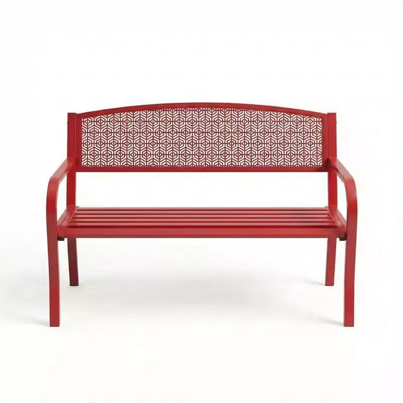 Banc d’extérieur en métal pour 2 personnes, mobilier de jardin en acier avec dossier géométrique pour patio, jardin et véranda
