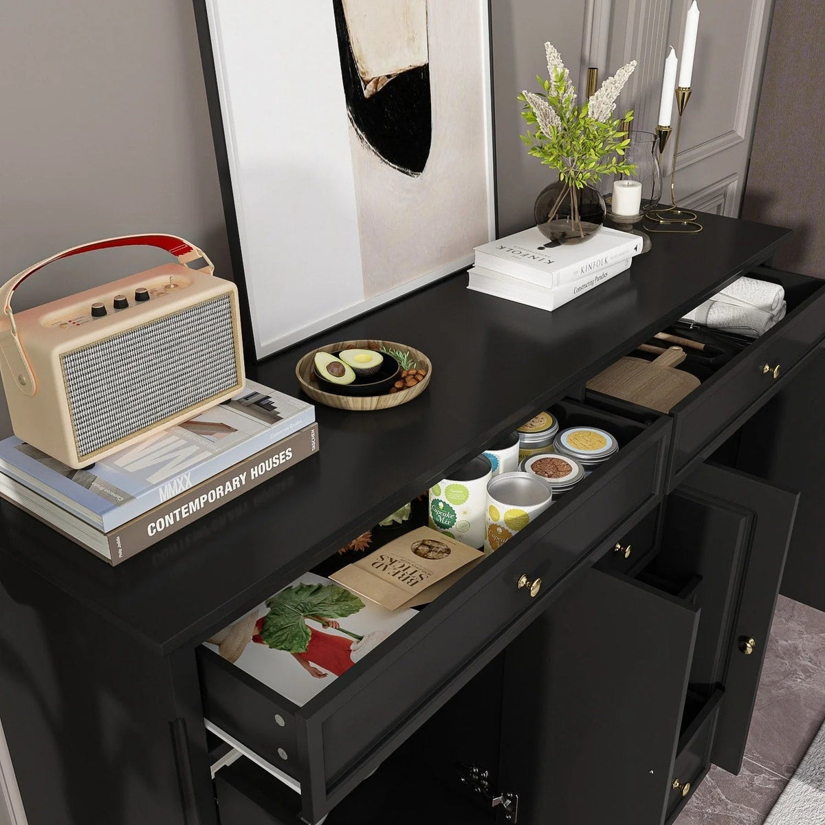 Buffet blanc à portes et tiroirs de 59.1, style moderne du milieu du siècle, laqué contemporain