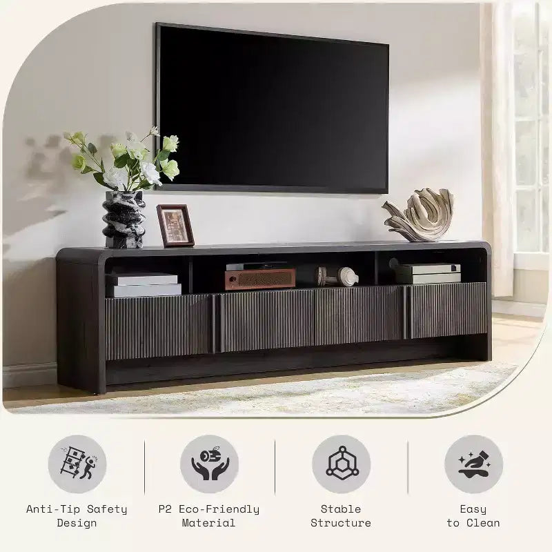 AMERLIFE Meuble TV moderne de 70 au design cannelé avec placards de rangement, pour téléviseurs jusqu'à 80, meuble de divertissement en bois, console multimédia pour le salon