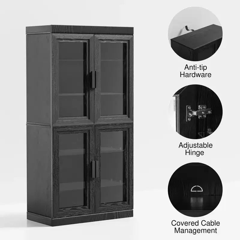 Armoire de rangement décorative haute de 62, en bois à grain apparent avec portes en verre noir et espace suffisant pour 12 étagères