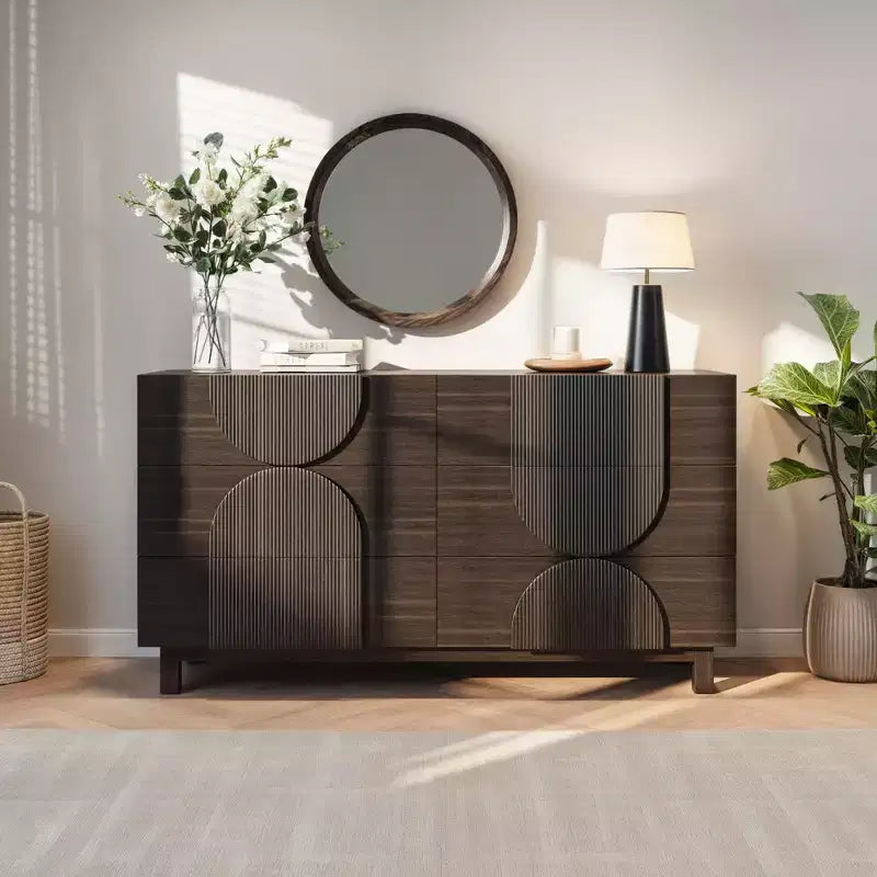 Moderne geometrische Kommode mit 6 Schubladen, breiter Stauraumschrank mit Halbkreismuster für Schlafzimmer und Wohnzimmer