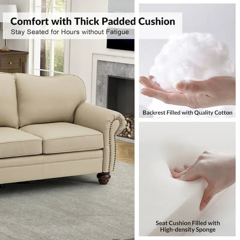 Balvino Sofa mit 81 cm Breite, im Übergangsstil, aus echtem Leder, mit gerollten Armlehnen, Nagelkopfbesatz und abnehmbaren Kissen