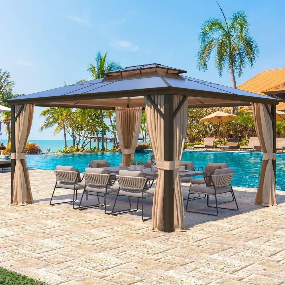 EROMMY hardtop-paviljoen, pergola voor buiten met dubbel dak, netten en gordijnen, extra stevig zonnescherm voor terras, achtertuin en zwembadfeest