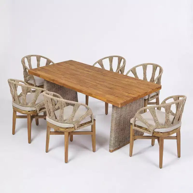 Christopher Knight Home Ferb 7-teiliges Boho-Essgruppe für draußen aus Akazienholz und Korbgeflecht mit Polstern