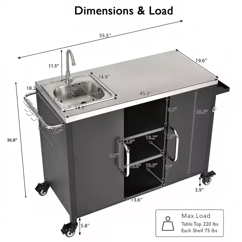 Îlot de cuisine d’extérieur 55.5 avec évier, table de préparation en acier inoxydable avec porte-épices et roulettes verrouillables, chariot pour barbecue, noir - ModernLuxe