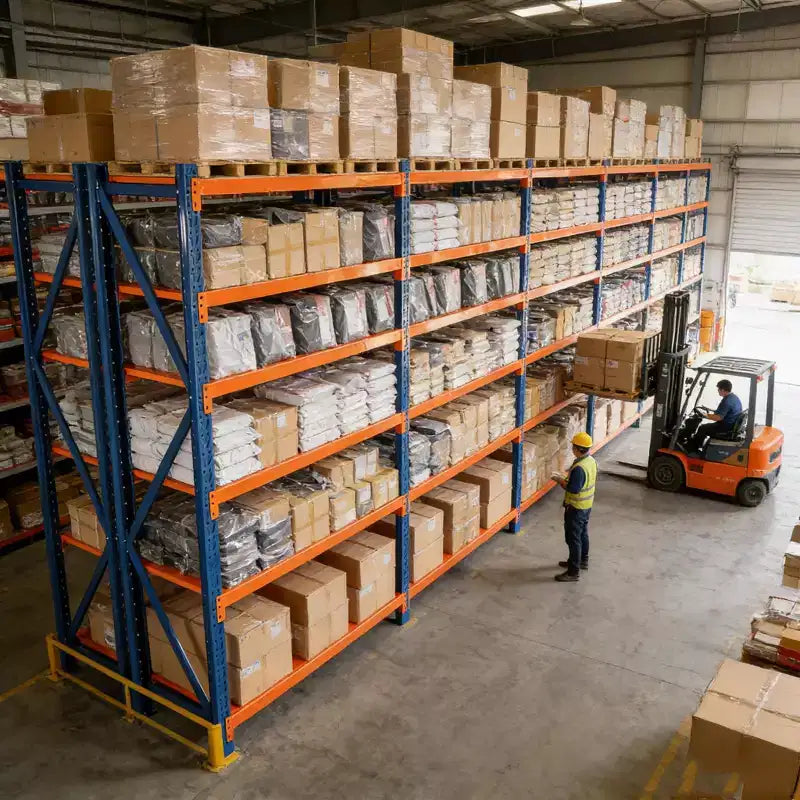 VIYET extra stevige garageschappen, verstelbare metalen stellingkast met 4 niveaus en een draagvermogen van 4400LBS, blauwe en oranje industriële opslag voor winkels, gereedschap en sportscholen
