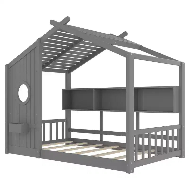 Twin Size Floor House Bed, Kids Montessori Playhouse Bed with Storage Shelf and Roof Design