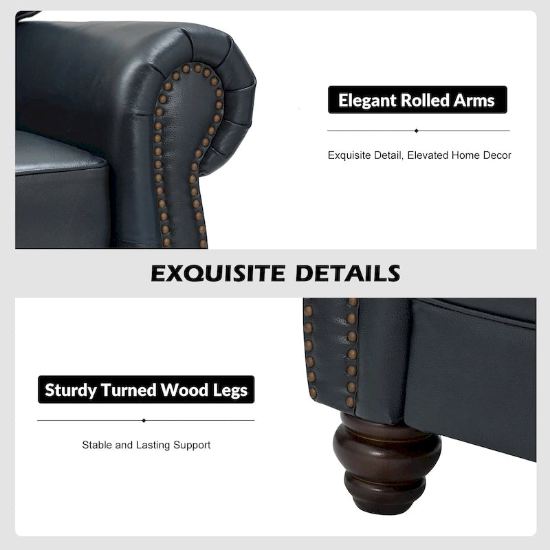 Balvino Sofa mit 81 cm Breite, im Übergangsstil, aus echtem Leder, mit gerollten Armlehnen, Nagelkopfbesatz und abnehmbaren Kissen