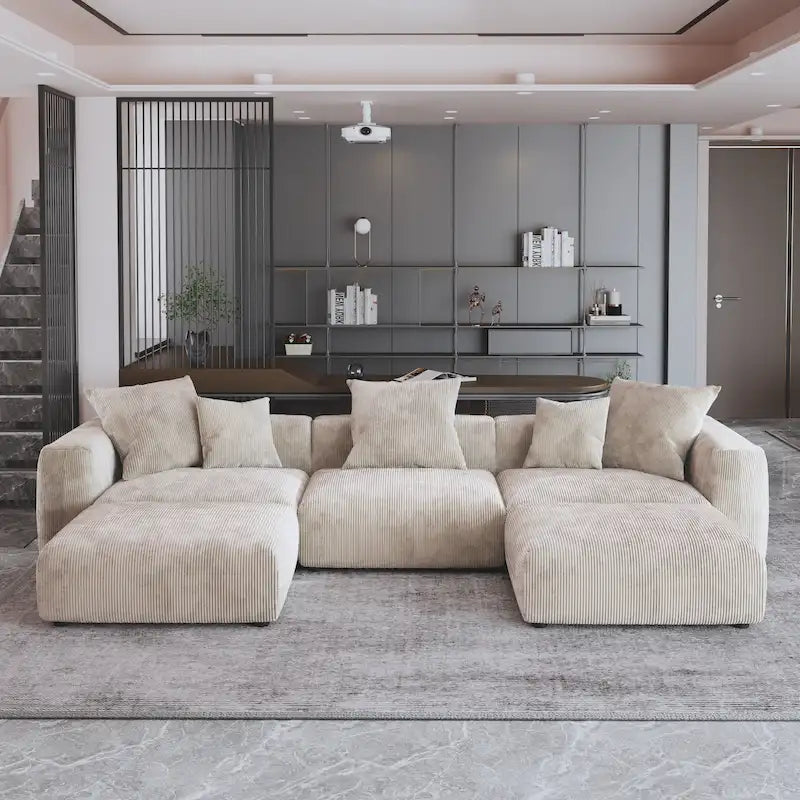 Canapé modulable d’angle de 141.73, canapé en velours côtelé en U avec poufs