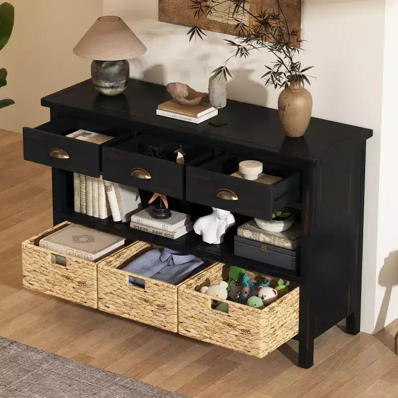 Tavolo consolle da ingresso con contenitore, tavolo da corridoio stile rustico con 3 cassetti e 3 cesti in giacinto d’acqua per soggiorno o ingresso - Panipeachy
