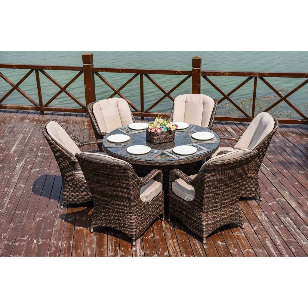 Ensemble de salle à manger rond de patio en rotin tressé d’extérieur, 7 pièces avec coussins, par Moda Furnishings