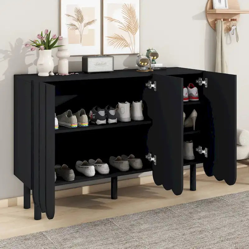 Minimalistischer Schuhschrank im Cremestil mit 5 Beinen aus Massivholz, Sideboard mit verstellbaren Ablagen