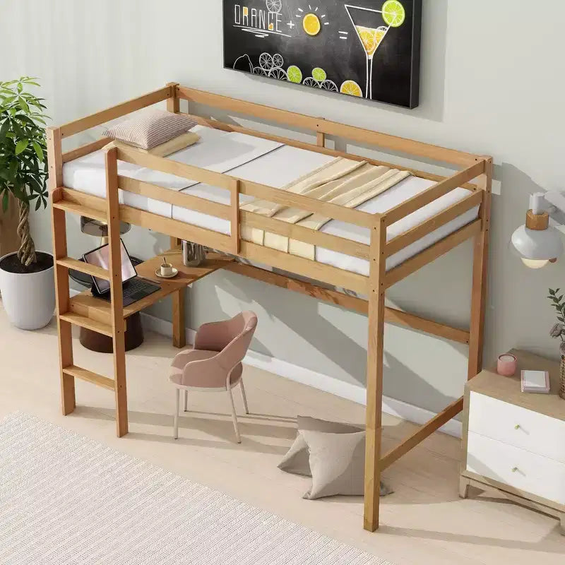 Lit mezzanine minimaliste Okak avec échelle, lit mezzanine pour lit simple en bois d’hévéa avec garde-corps de sécurité et bureau intégré, cadre de lit pour enfants et adolescents