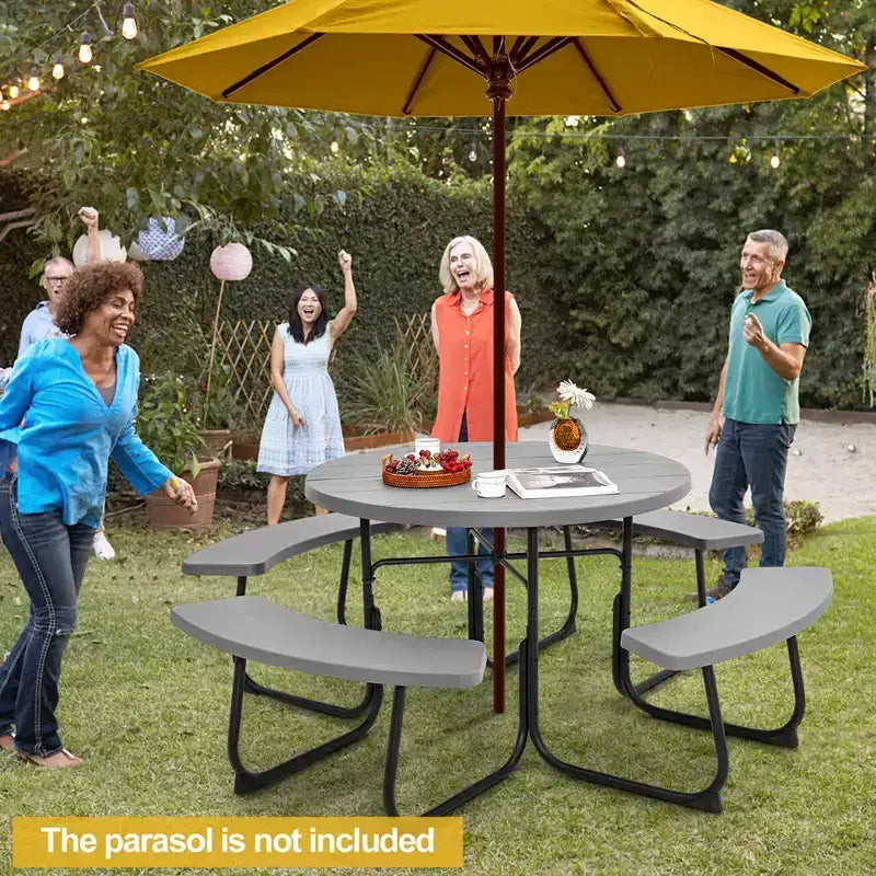 Costway Rundes Picknicktisch-Bank-Set für 8 Personen für den Außenbereich, mit 4 Bänken und Schirmloch, Schwarz/Grau/Grün/Weiß