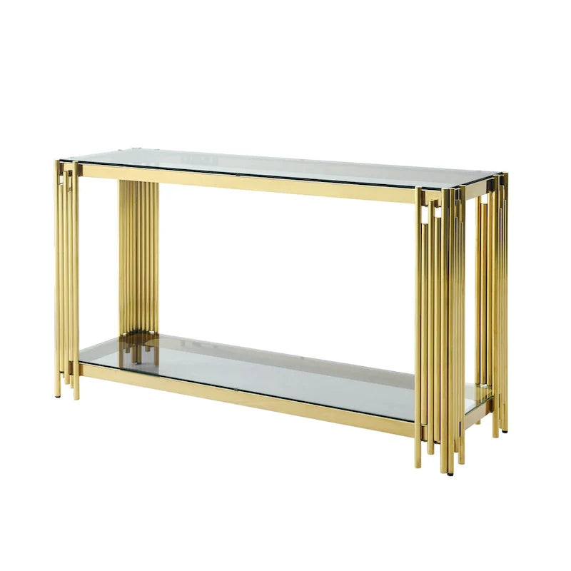 Schmaler Konsolentisch mit 2 Ebenen, goldfarbenem Metallgestell und Tischplatte aus gehärtetem Glas