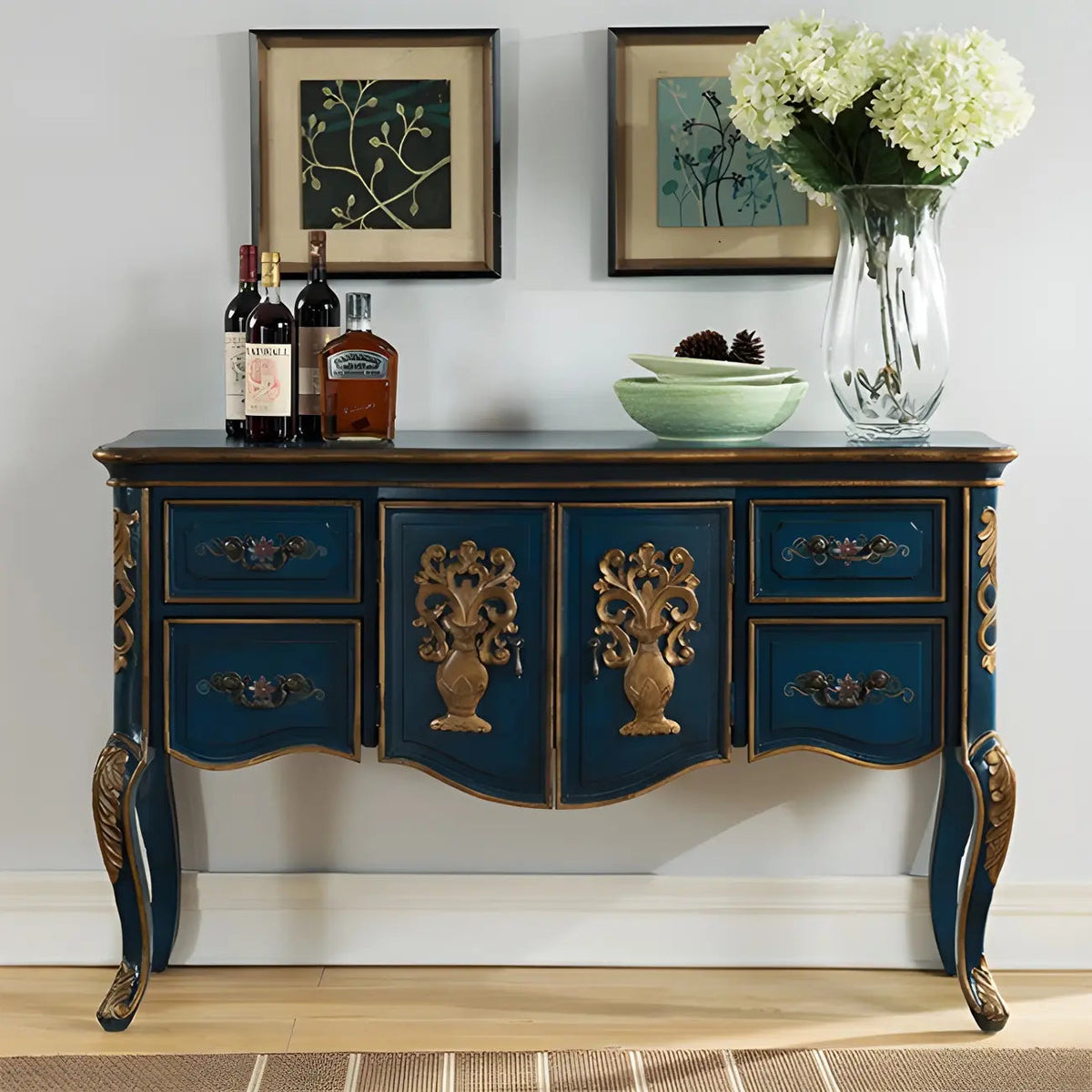 Franse houten koffiekleurige opbergconsoletafel met laden