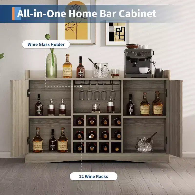 Meuble bar à vin moderne de 47 avec 9 porte-verres, 12 casiers à vin, design cannelé, 2 portes, buffet et rangement pour salle à manger et salon