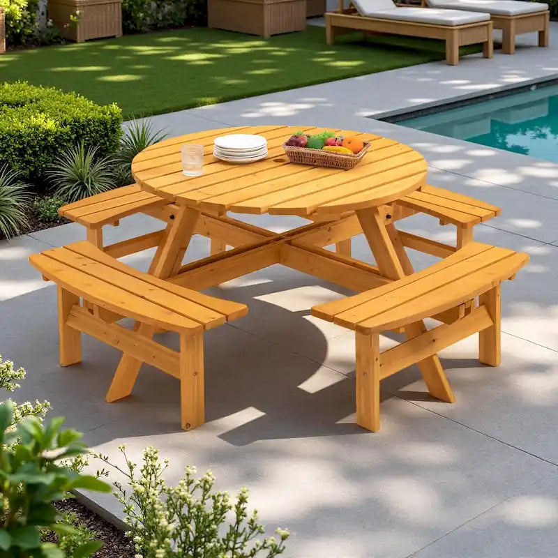 Rundes Picknickset aus Douglasienholz für 8 Personen für Terrasse und Garten, mit 4 integrierten Bänken und Schirmloch