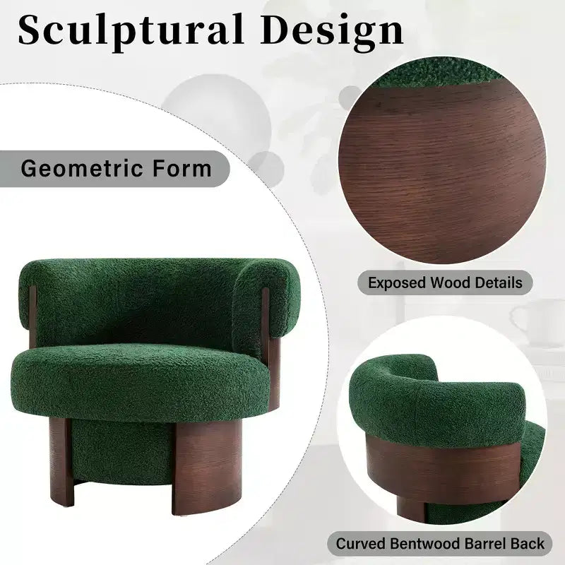 Whisen 360° draaibare kuipstoel met sculpturaal gebogen houten ontwerp, massief houten frame, 32 inch breed, veelzijdig voor woonkamer en slaapkamer