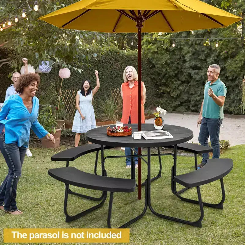 Costway Rundes Picknicktisch-Bank-Set für 8 Personen für den Außenbereich, mit 4 Bänken und Schirmloch, Schwarz/Grau/Grün/Weiß