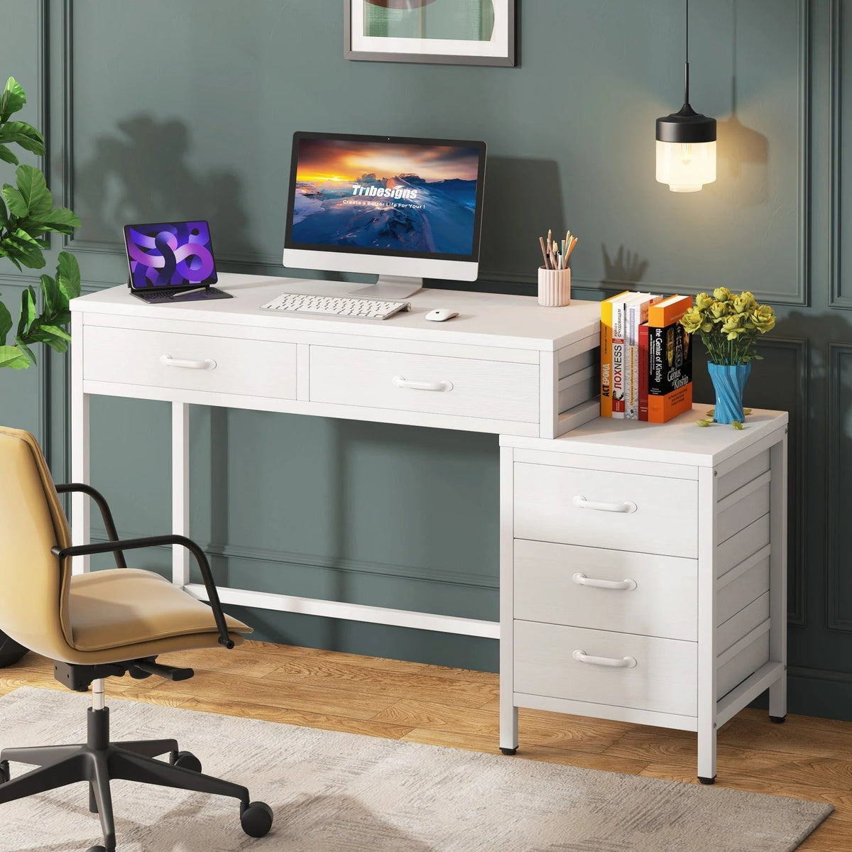 Wendbarer Computerschreibtisch mit 5 Schubladen, Schreibtisch fürs Homeoffice mit Aktenschublade und Druckerständer