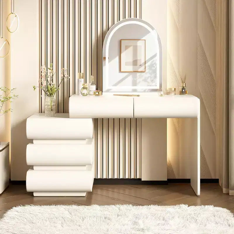Luxe make-uptafel Whisen met spiegel, verplaatsbaar zijmeubel, 6 opberglades en kruk