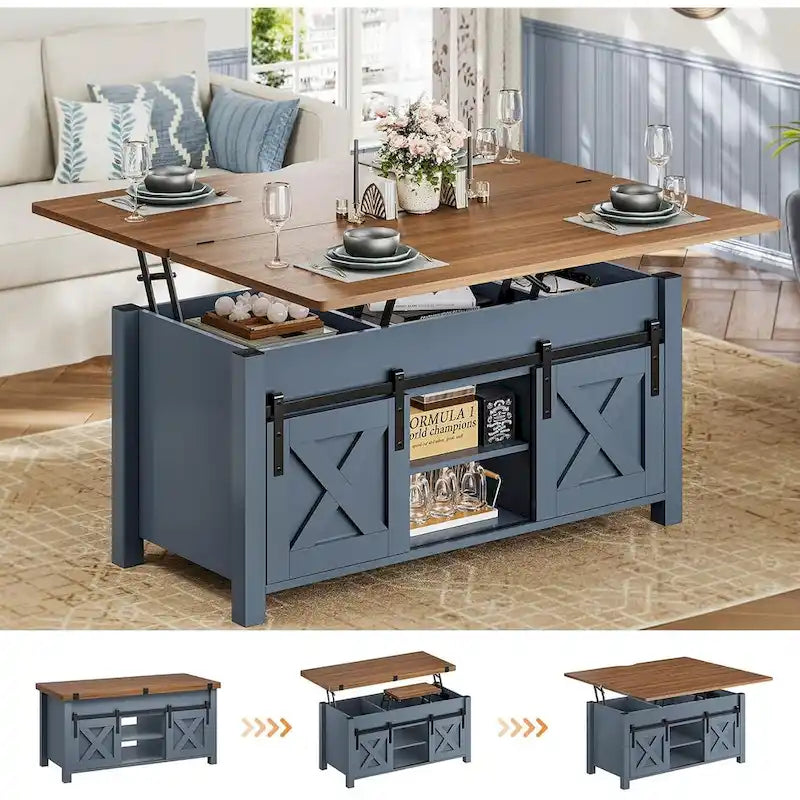 Table basse relevable avec 2 portes coulissantes de style grange, rangement et table à manger